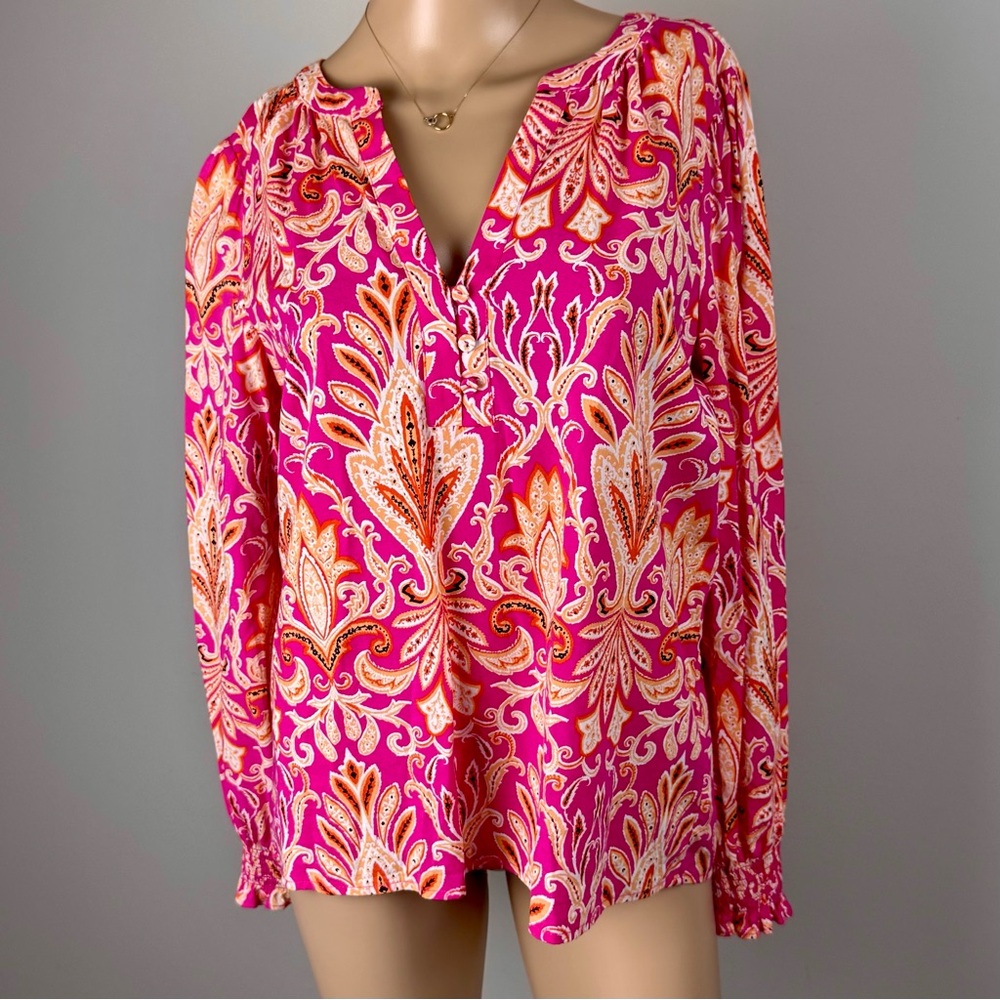 LOFT Women’s Paisley Leaf Pattern Multicolor Split Neck Long Sleeve Blouse‎ Sz S